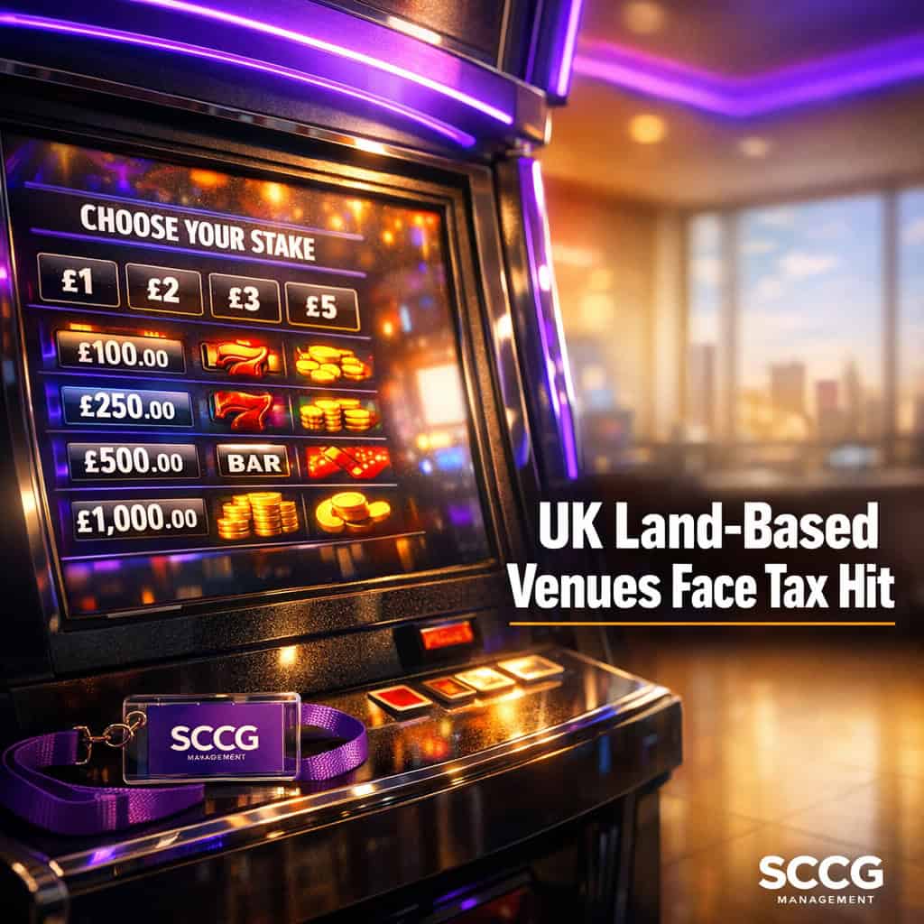 Close-up of a Category B slot machine screen showing stakes and payouts on a brightly lit betting-shop floor.