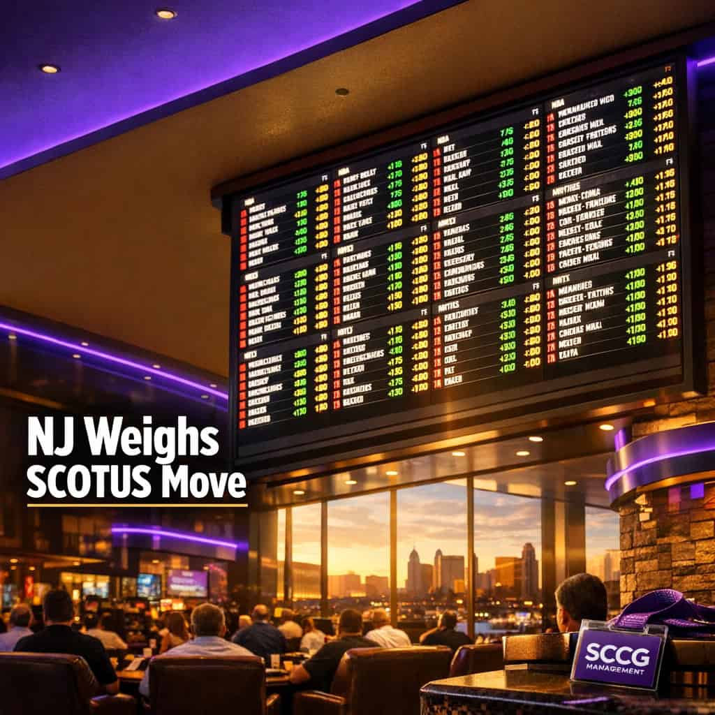 A large illuminated sportsbook odds board displaying live sports event lines above a busy casino floor bathed in bright directional light.
