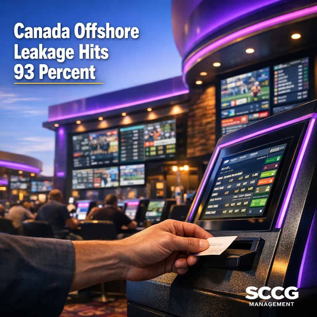 Busy Canadian sportsbook counter with self-service betting terminal and glowing offshore app screens showing heavy traffic.