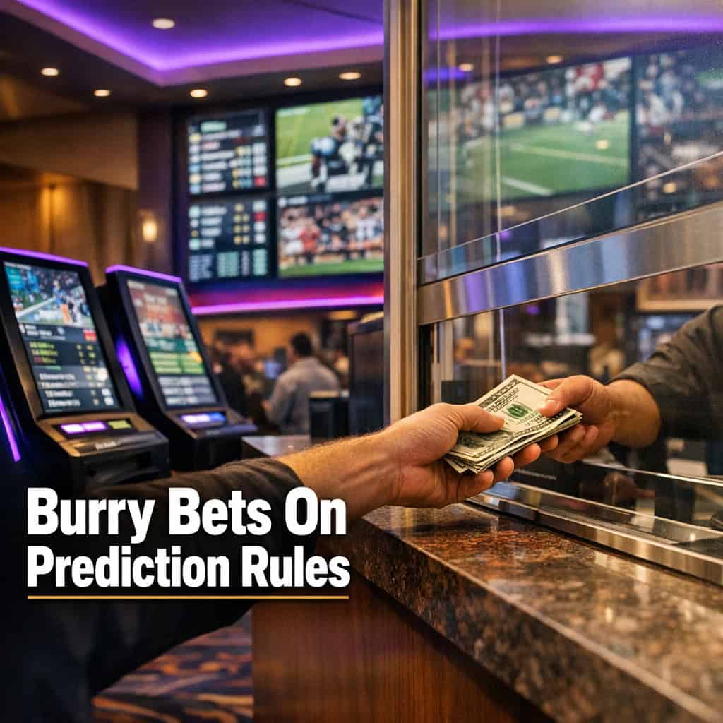 Busy casino sportsbook counter with a hand placing cash during a live transaction amid glowing betting terminals.