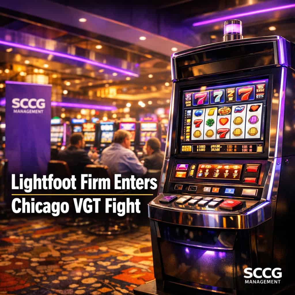Video gambling terminals lined across a brightly lit Chicago casino floor with players actively using the machines.
