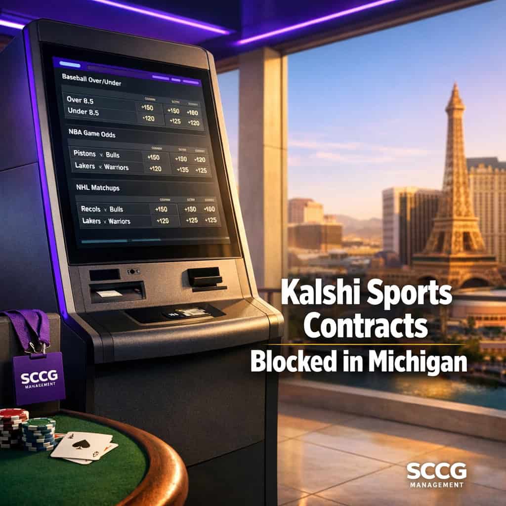 A self-service betting terminal on a bright concourse displays live sports contract odds under strong daylight.