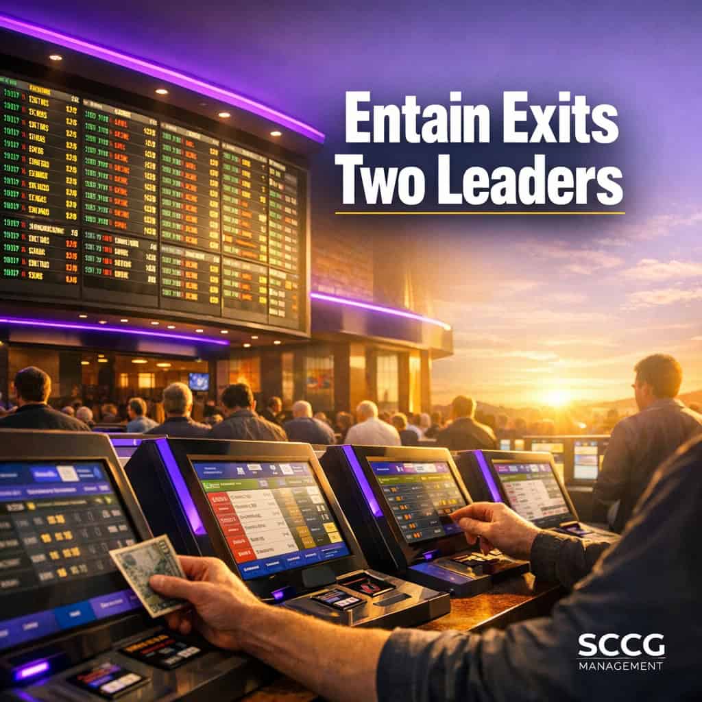 Busy casino sportsbook floor with glowing odds board and active betting terminals under bright golden hour light.