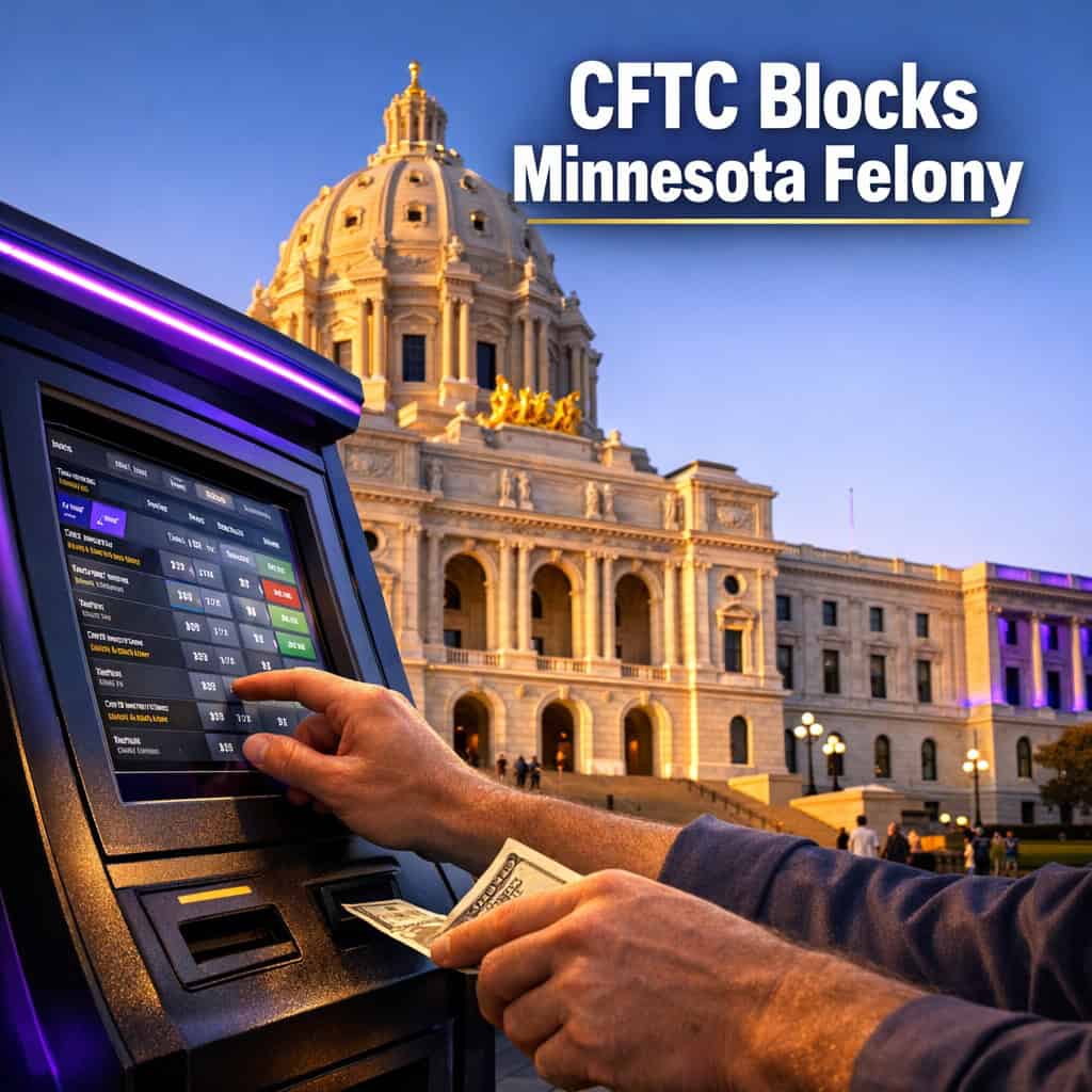 Minnesota Felony Prediction Markets Ban Faces CFTC Preemption Challenge in Court 1 Busy Minnesota sportsbook concourse with self-service betting kiosks where users place prediction market bets under bright daylight.