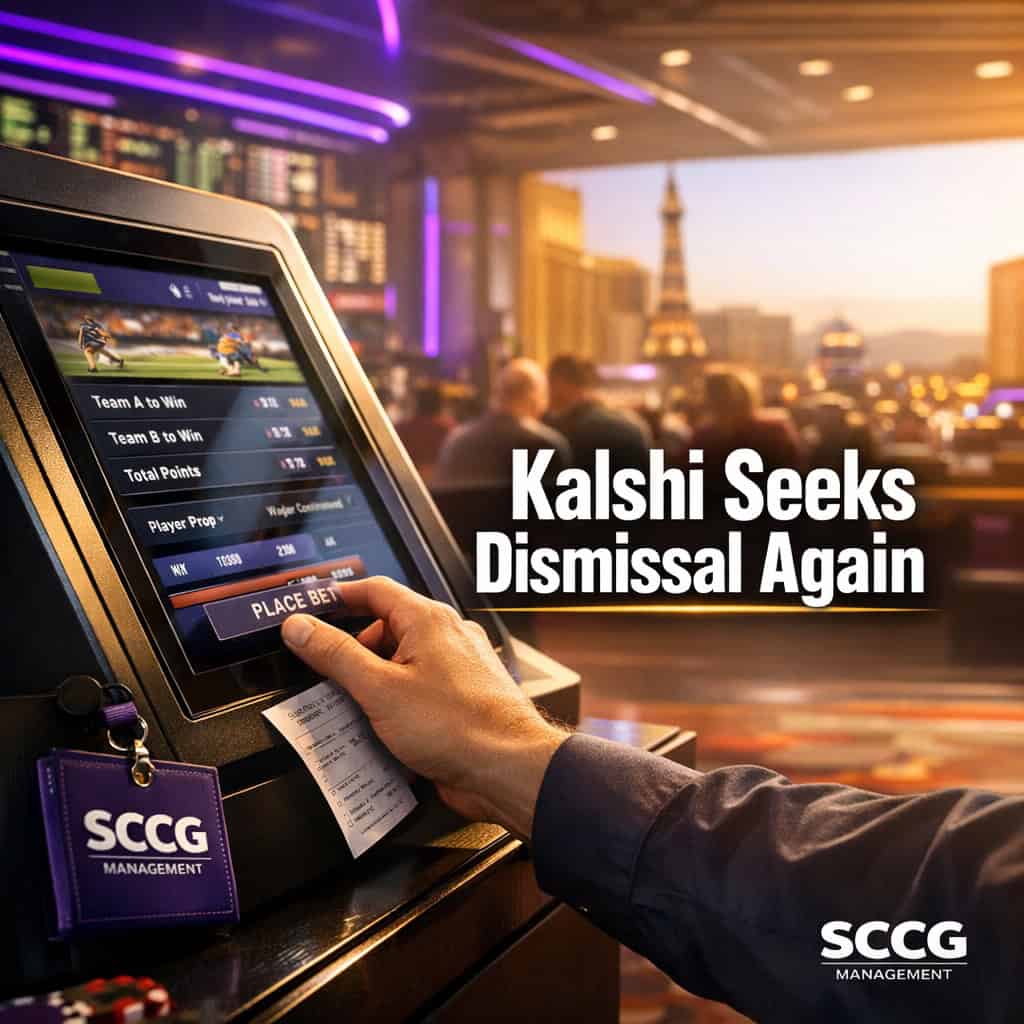 Hand placing a sports-event contract bet on a glowing prediction-market terminal screen inside a brightly lit sportsbook floor.