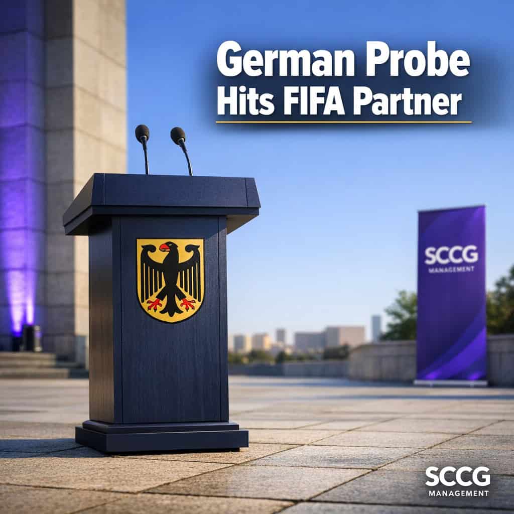 Official German gambling regulator podium in strong daylight on an open plaza, conveying the start of the official probe into ADI Predictstreet’s World Cup advertising.