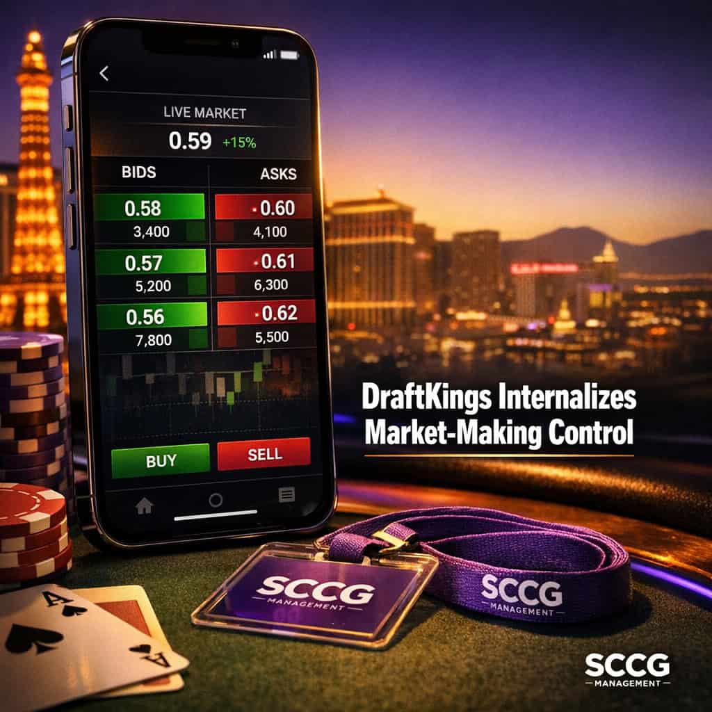 Smartphone screen shows DraftKings Predictions prediction market order book with live bid and ask prices under strong directional lighting.