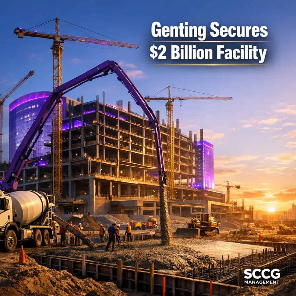 Massive casino construction site with towering steel framework and heavy machinery at golden hour, capturing the scale of Genting's New York phase two expansion.