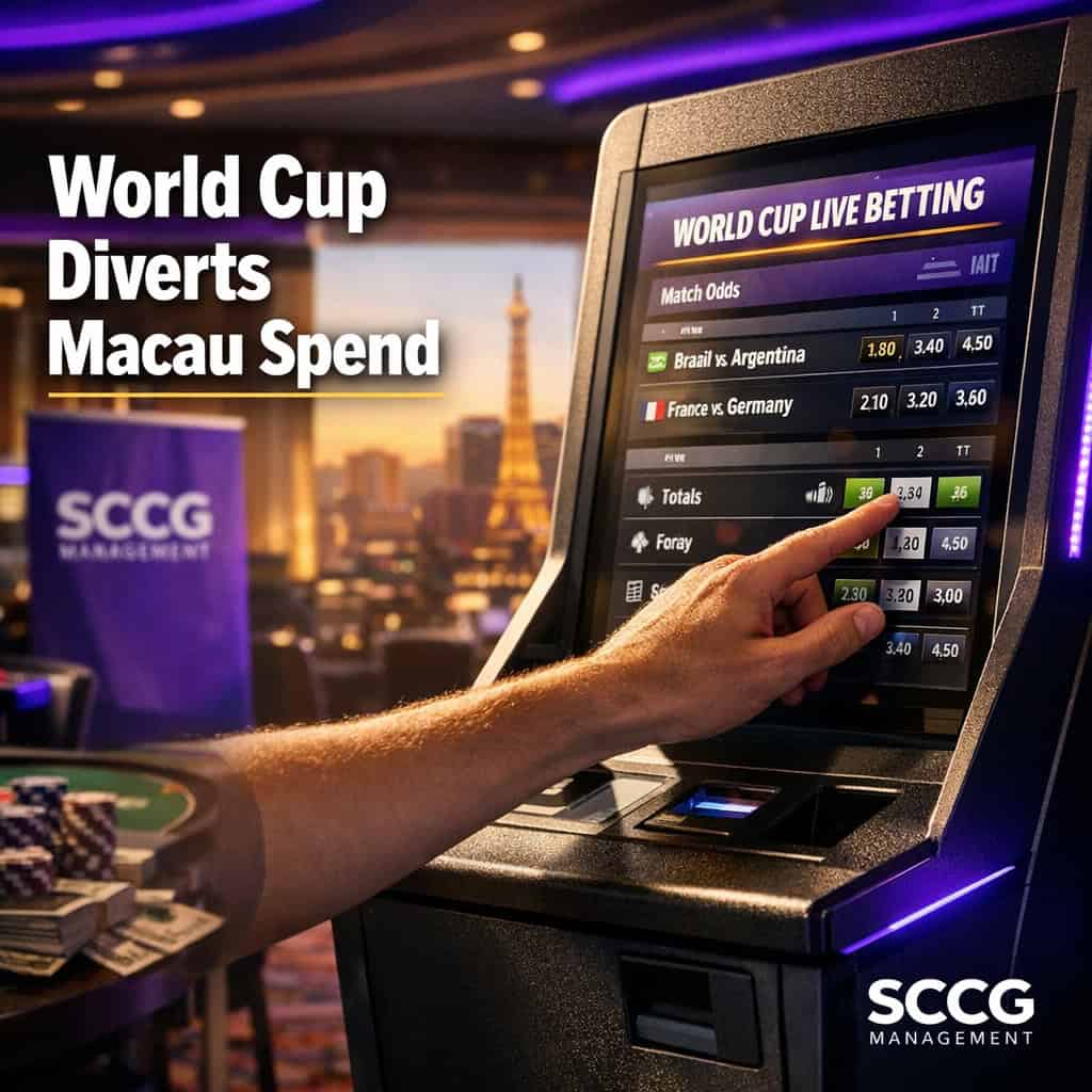 A self-service betting terminal screen showing World Cup sports betting options as a hand places a wager on a brightly lit casino floor.