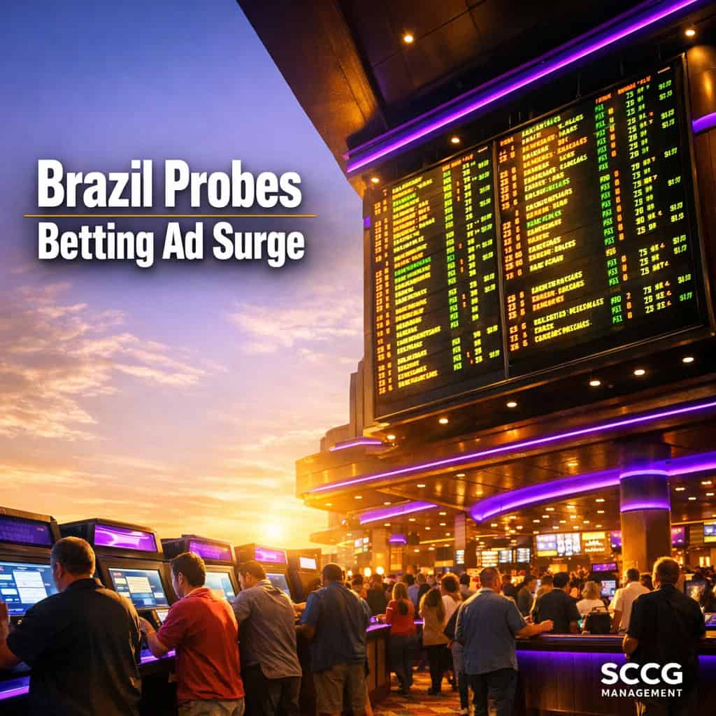 Large glowing sportsbook odds board above a busy casino floor with active betting kiosks and patrons during Brazilian Senate probe into betting advertising surge.