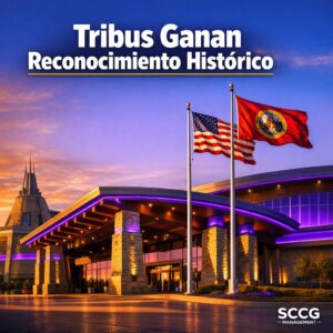 Bright golden-hour view of a modern tribal casino entrance with Chickasaw Nation flag flying high, marking historic recognition for tribal sovereignty in gaming.