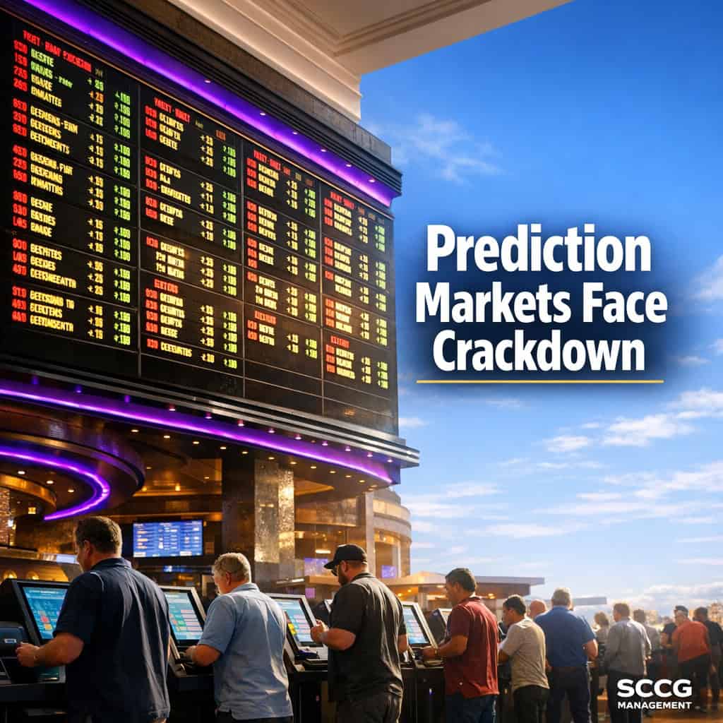 Large glowing sportsbook odds board displaying sports event contract lines above busy casino betting terminals on a bright active floor.
