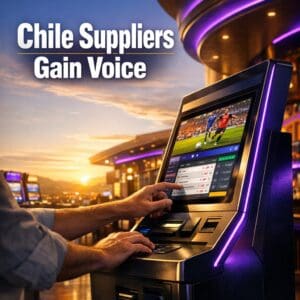Self-service betting kiosk on a vibrant casino concourse with hands placing live bets as Chile suppliers gain voice through new AgruGaming association.