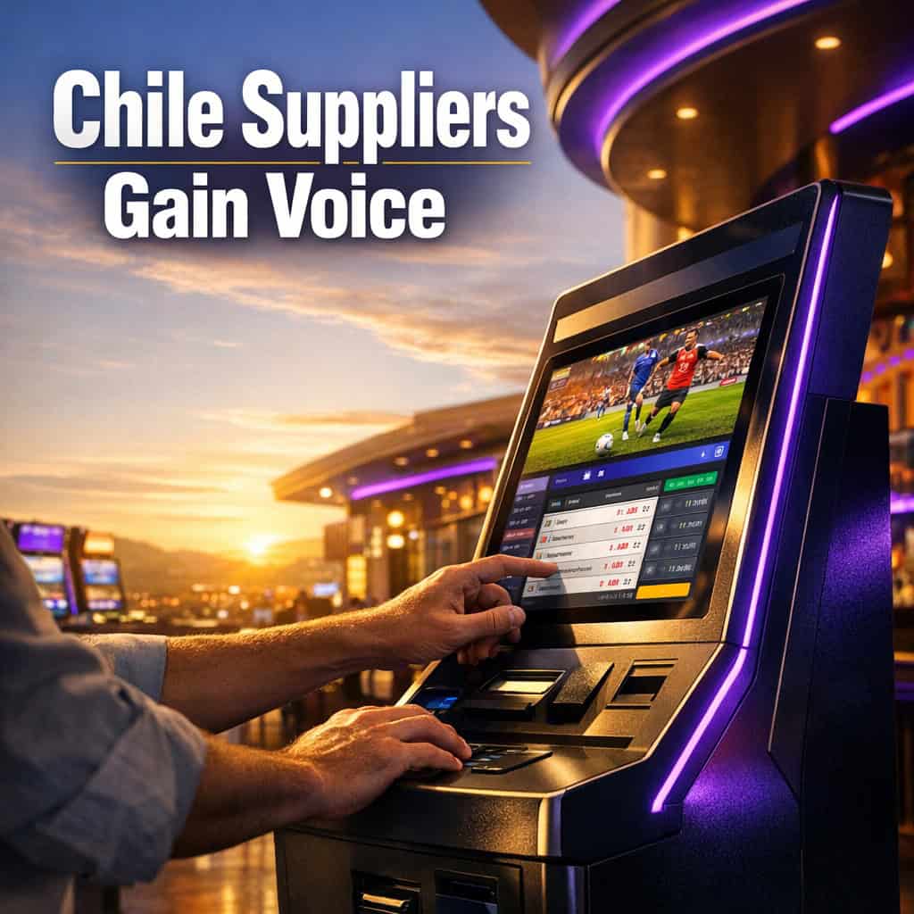 Self-service betting kiosk on a vibrant casino concourse with hands placing live bets as Chile suppliers gain voice through new AgruGaming association.