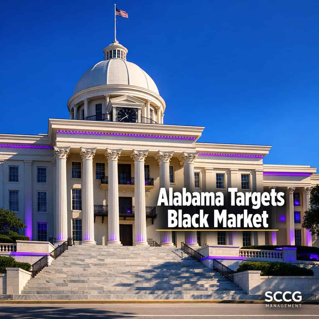 Alabama State Capitol building bathed in bright commanding daylight, conveying legislative weight around efforts to target the expanding black market in gambling.