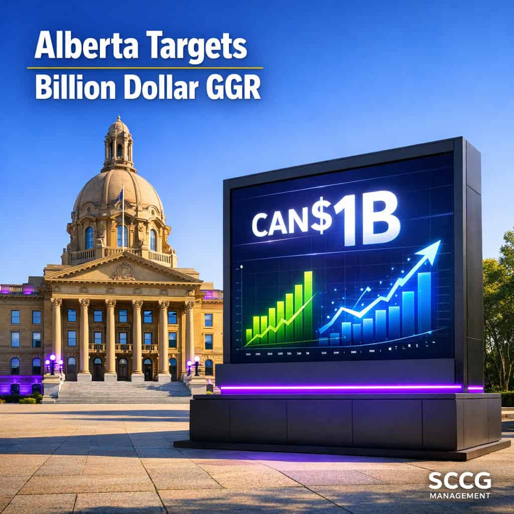 Smartphone displaying a live betting app with approved transaction on a bright casino floor, capturing Alberta's new regulated iGaming market launch.