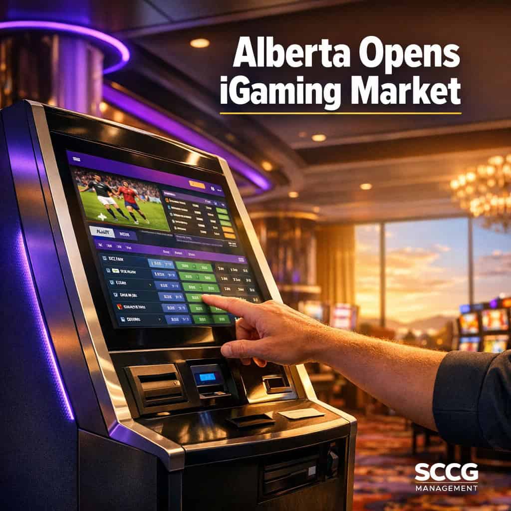 Self-service betting kiosk on a vibrant regulated casino floor displaying active iGaming and sports betting options.