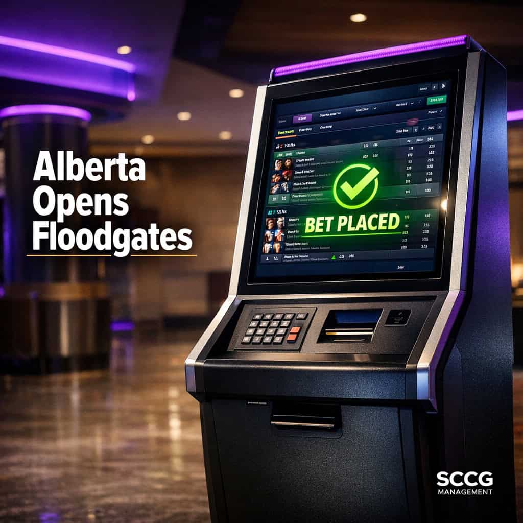 Sleek self-service betting terminal with live sports betting screen showing bet placed confirmation in a bright regulated gaming venue.