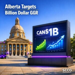 Alberta Legislative Building exterior in bright daylight with prominent digital revenue dashboard displaying upward graphs and billion-dollar GGR target.