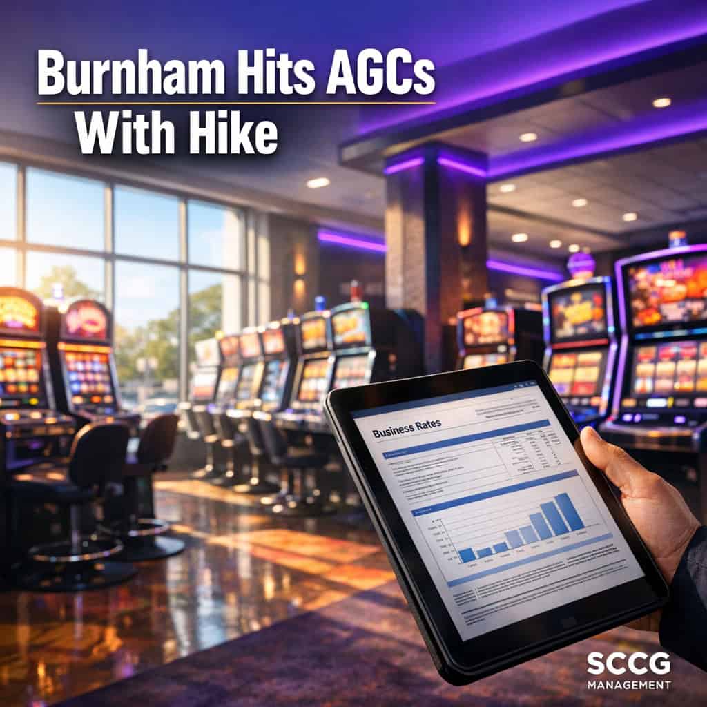 Busy Adult Gaming Centre interior with glowing slot machines on a brightly lit floor as a compliance officer reviews business rates on a tablet.