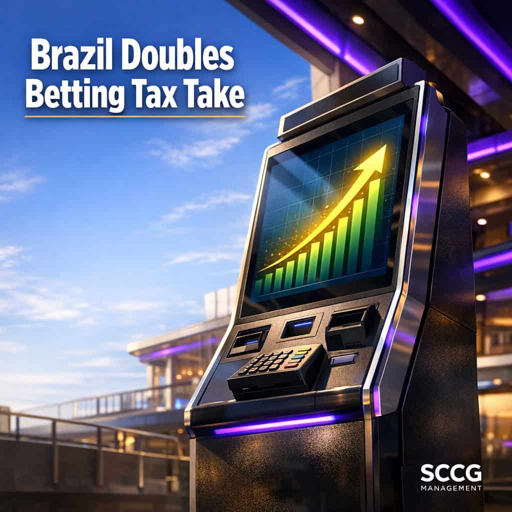 Self-service betting terminal on a sunlit concourse displays surging revenue figures as Brazil doubles its betting tax revenues.