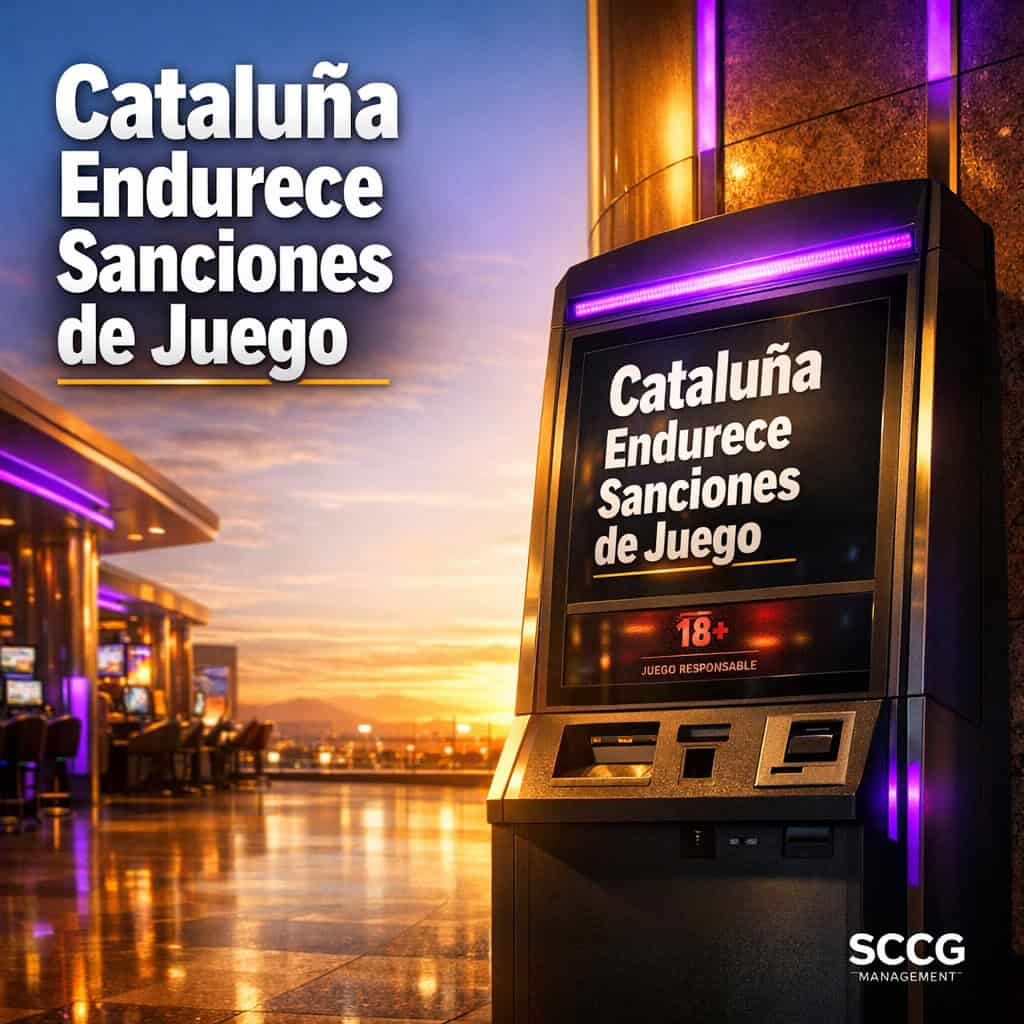 Bright modern betting terminal on a casino concourse displaying an official regulatory warning under strong golden light.