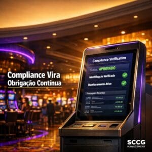 Self-service betting terminal on a vibrant regulated casino floor displaying active real-time compliance verification interface.