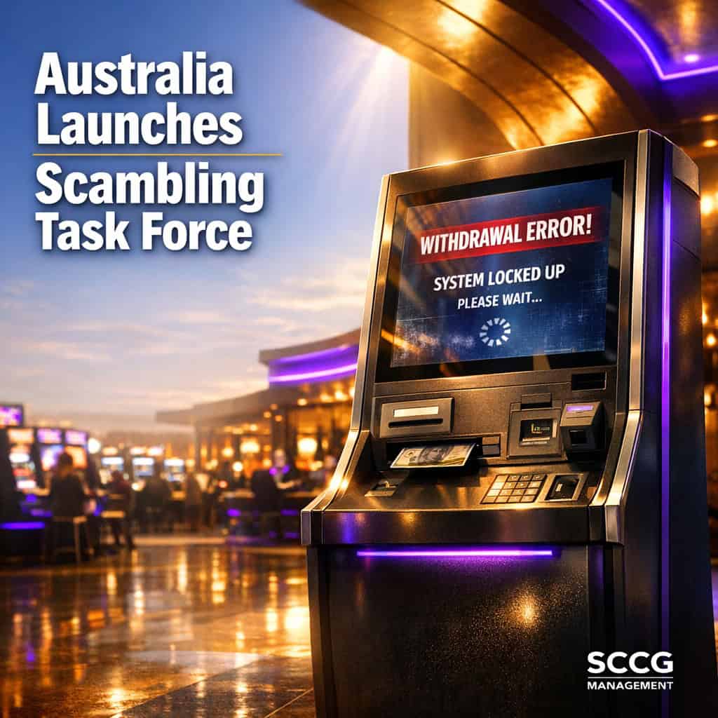Sleek betting terminal on a casino concourse displaying a frozen withdrawal error under bright dramatic light.