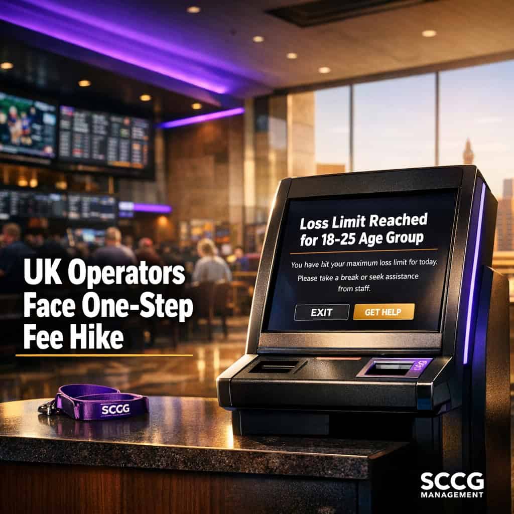 A betting terminal screen on a sportsbook concourse displays a youth loss limit notification under bright daylight.