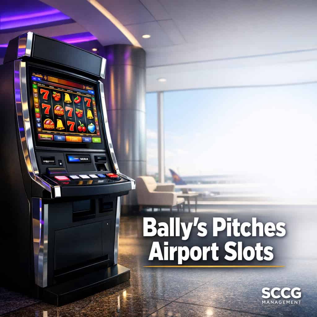 Self-service slot terminal with active screen glowing inside a bright airport lounge.