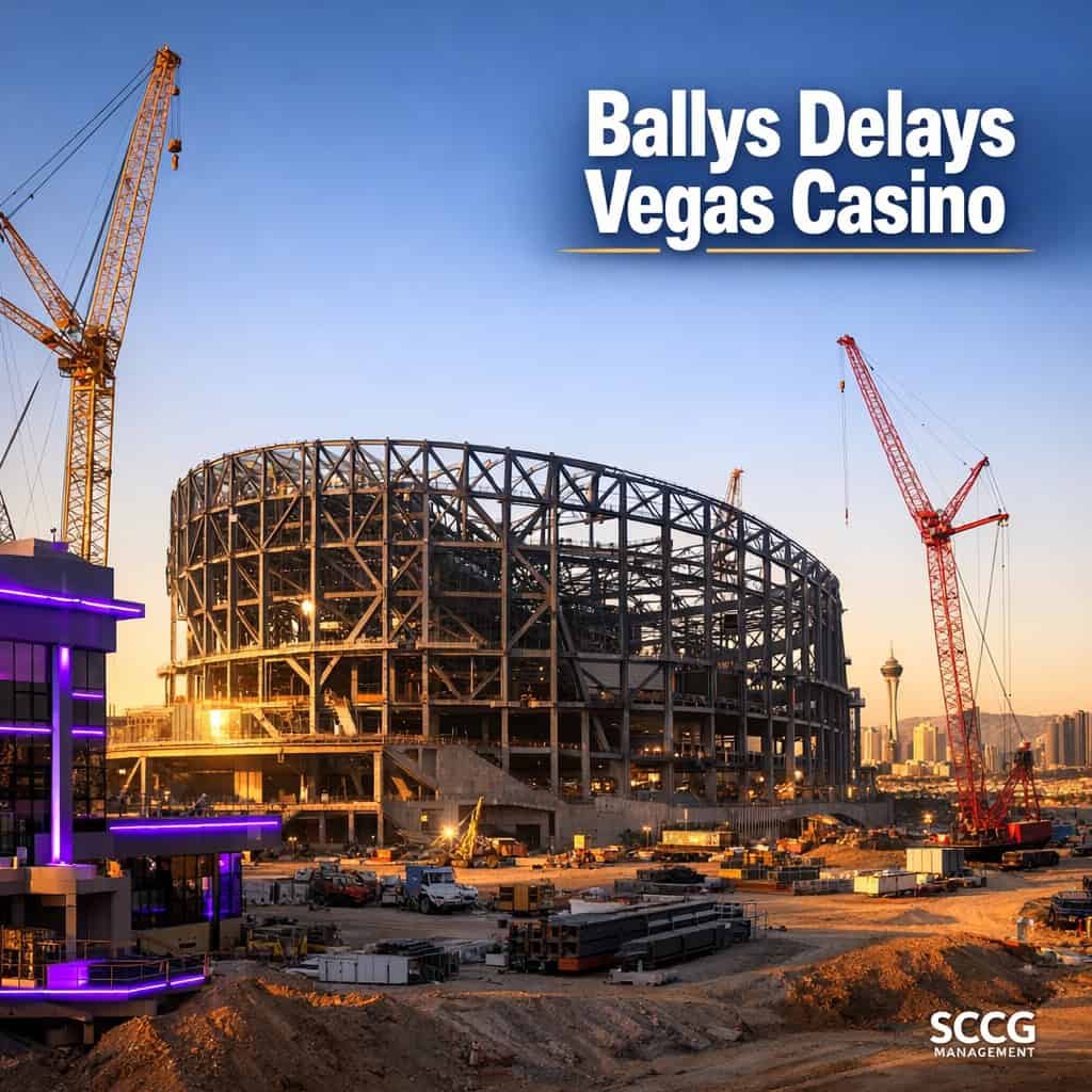 Bright golden-hour view of Bally’s Las Vegas casino resort construction site with the new Athletics ballpark rising in the background.