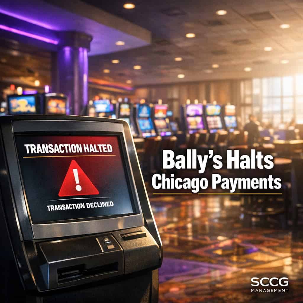 Busy Chicago casino floor with rows of video gambling terminals and a foreground payment terminal displaying a halted transaction.