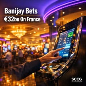 Sleek self-service betting terminal on a vibrant French casino floor with a hand placing a wager on the glowing screen.