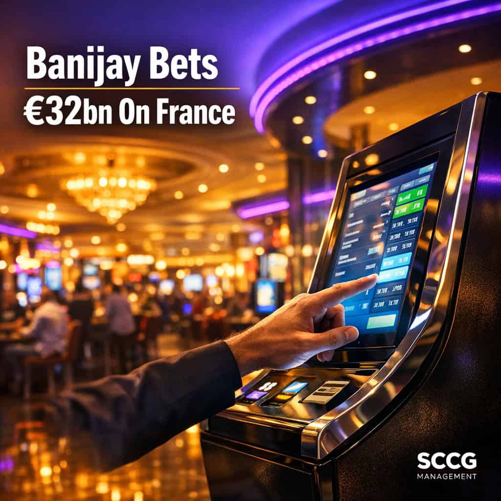 Sleek self-service betting terminal on a vibrant French casino floor with a hand placing a wager on the glowing screen.