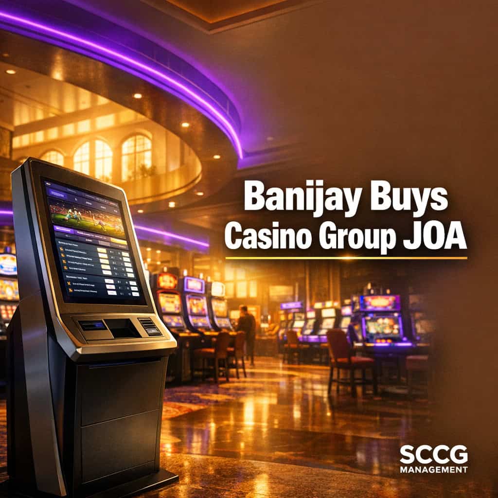 Busy European casino floor with illuminated self-service betting terminal in foreground under bright directional light.