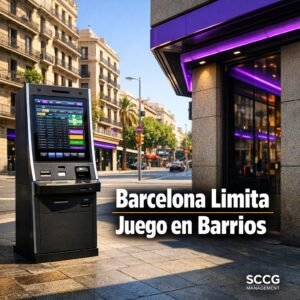 Self-service betting terminal on a sunny Barcelona street in one of the 24 regulated vulnerable neighborhoods.