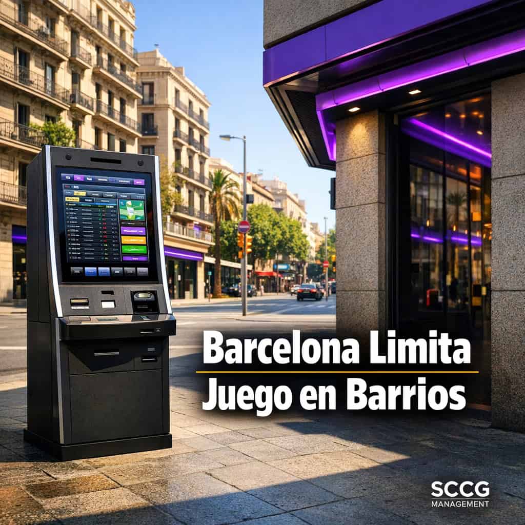 Self-service betting terminal on a sunny Barcelona street in one of the 24 regulated vulnerable neighborhoods.