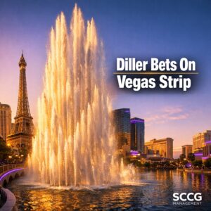 Bellagio fountains erupting on the Las Vegas Strip at golden hour, capturing Barry Diller's strategic bet on the resilience of core Vegas assets.