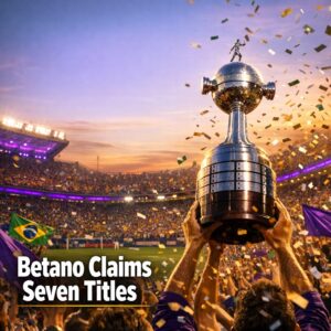 Packed Brazilian football stadium at golden hour with vibrant crowd waving flags and scarves as the Copa Libertadores trophy is held high amid falling confetti.
