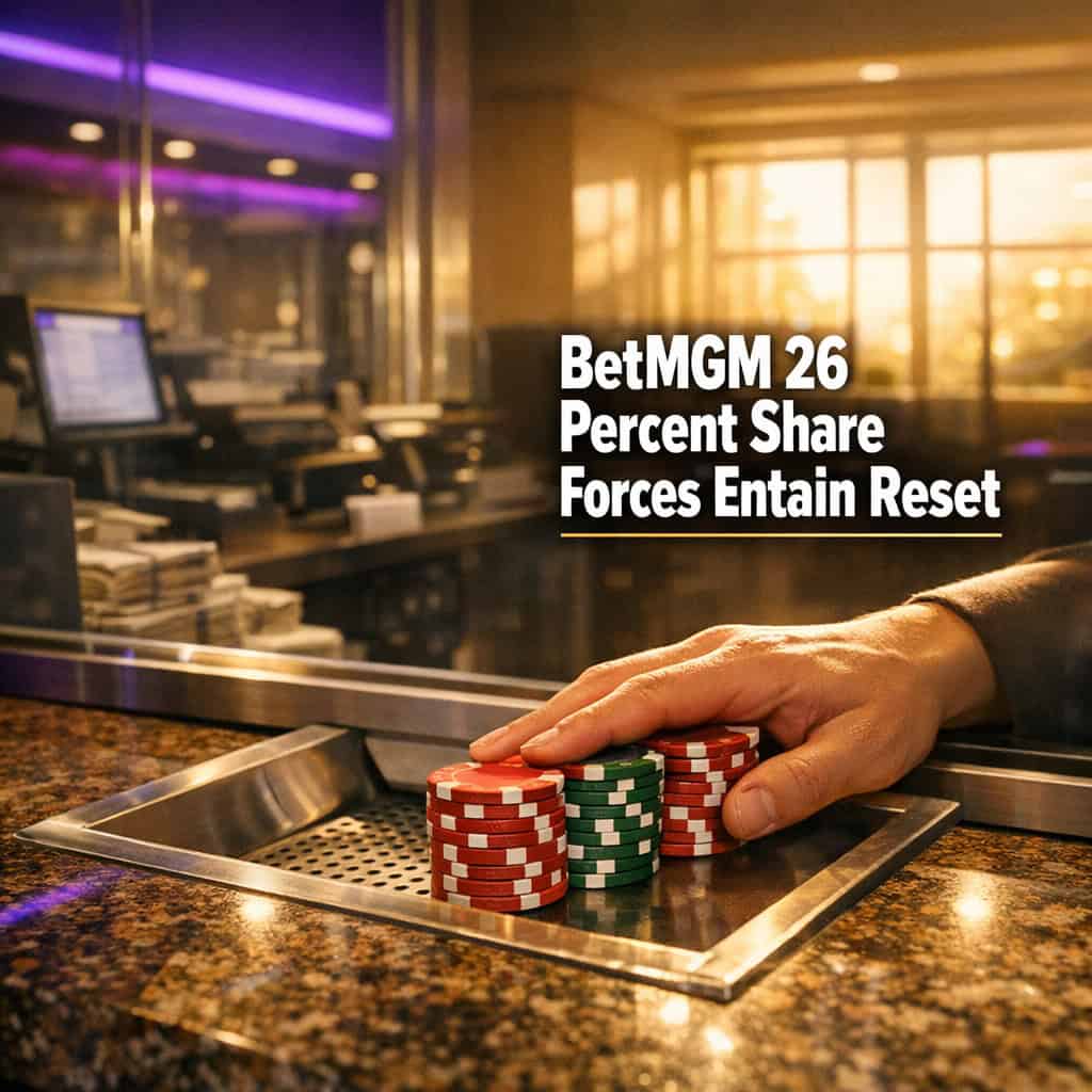 Casino cage cash desk mid-transaction with chips sliding across the counter in bright directional light.
