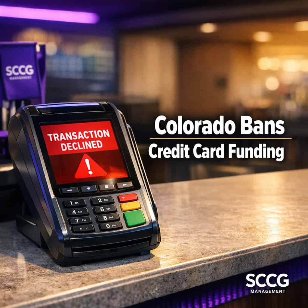 A credit card payment terminal at a sportsbook counter displays a red error message blocking the transaction under bright directional light.