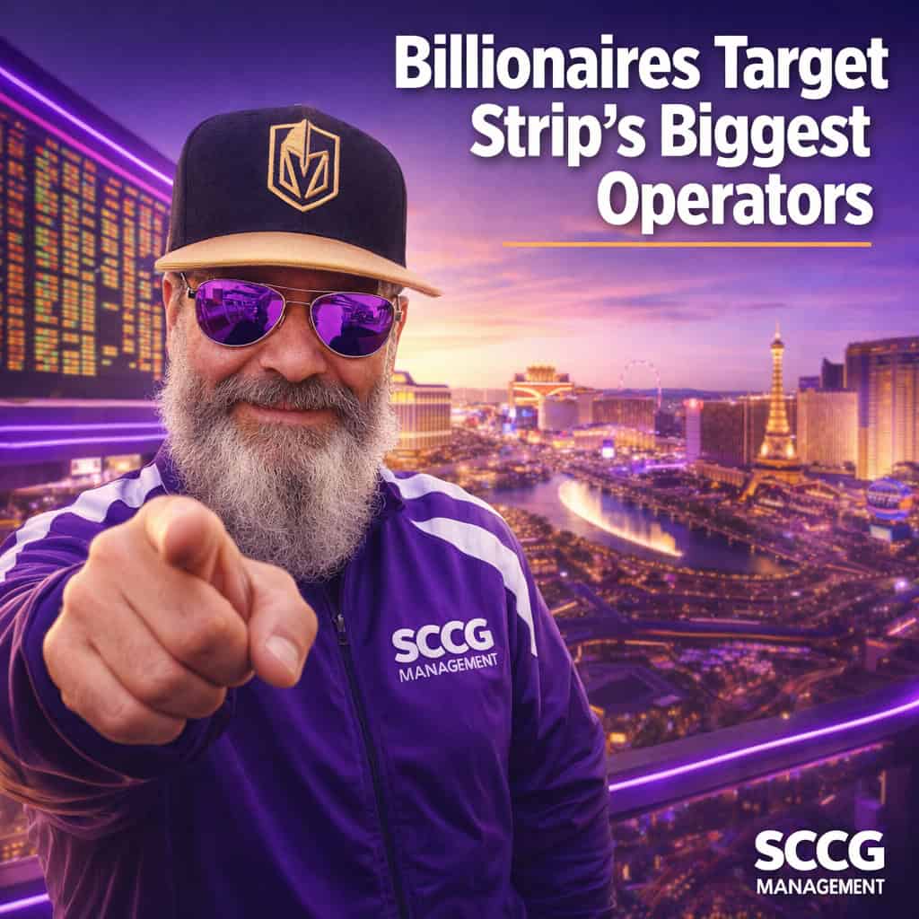 Confident man in purple SCCG jacket points at a glowing sportsbook odds board on a bright Las Vegas Strip casino floor.