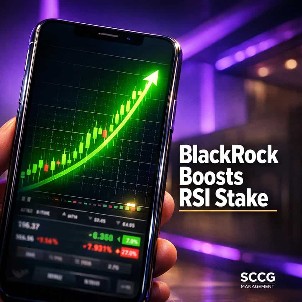 Smartphone screen showing a trading app with surging upward graph for Rush Street Interactive stock after strong revenue growth.