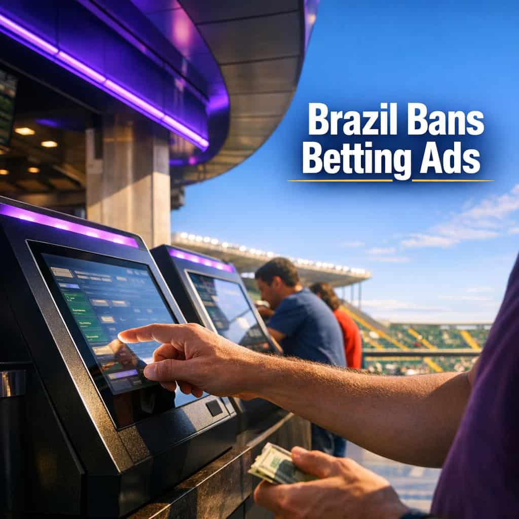 Brazil Weighs Nationwide Betting Ad Ban After Hearing Warns of Gambling Harm 1 Busy betting kiosk on a sunlit Brazilian stadium concourse with hands placing wagers as Brazil weighs a nationwide betting ad ban.