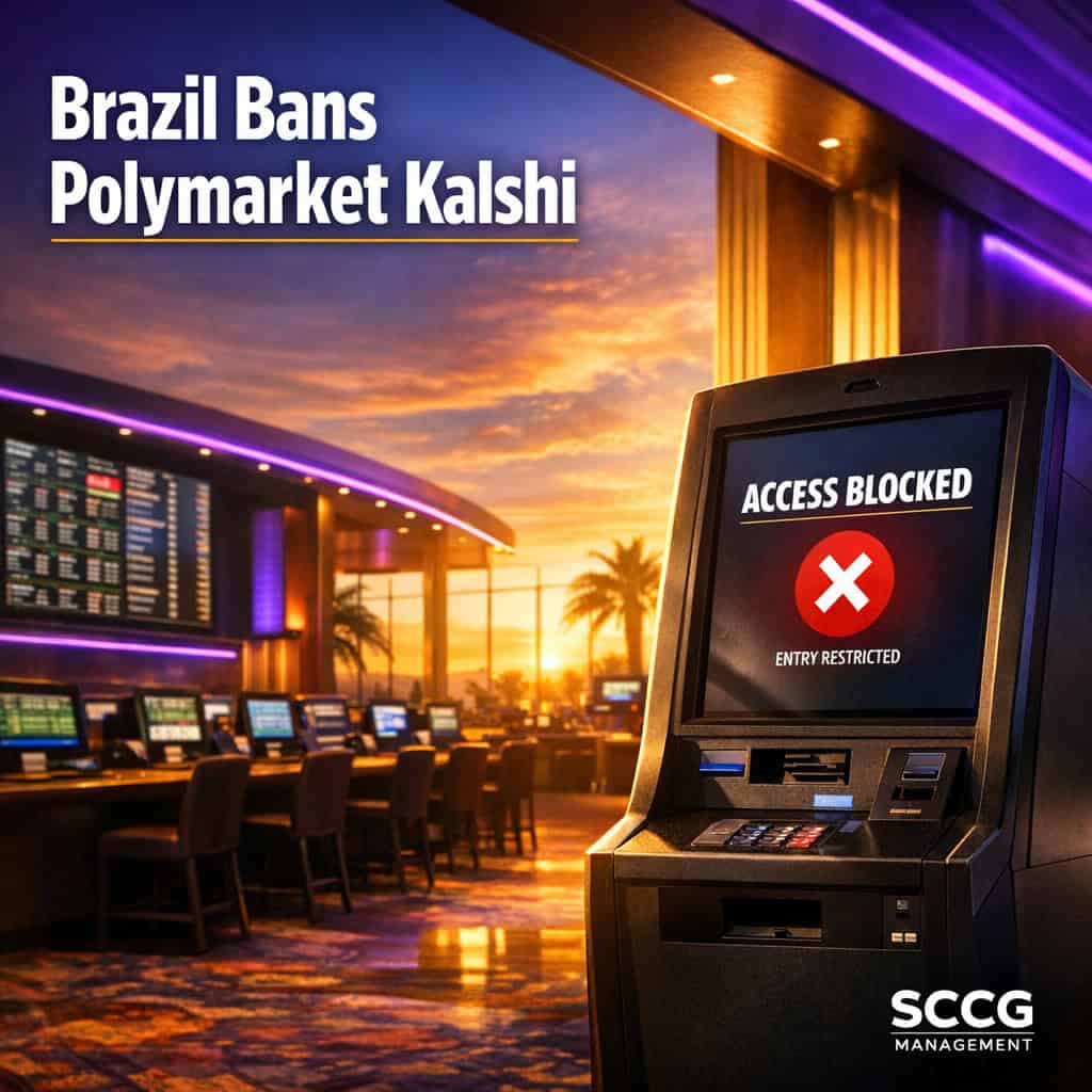 Bright Brazilian sportsbook betting counter with self-service terminal displaying blocked access on a lively casino floor.