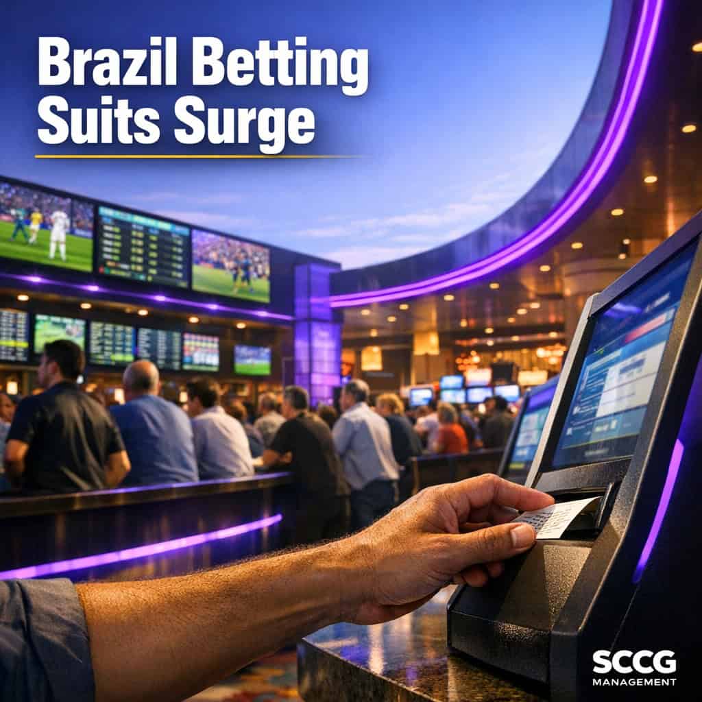 Busy Brazilian sportsbook counter with a hand placing a bet at a self-service terminal on a bright lively casino floor.