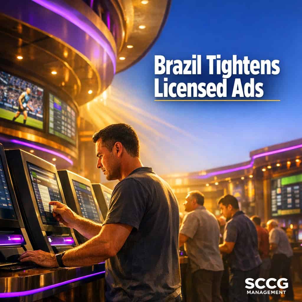 Busy Brazilian sportsbook counter with patrons placing bets at self-service terminals on a vibrant casino floor.