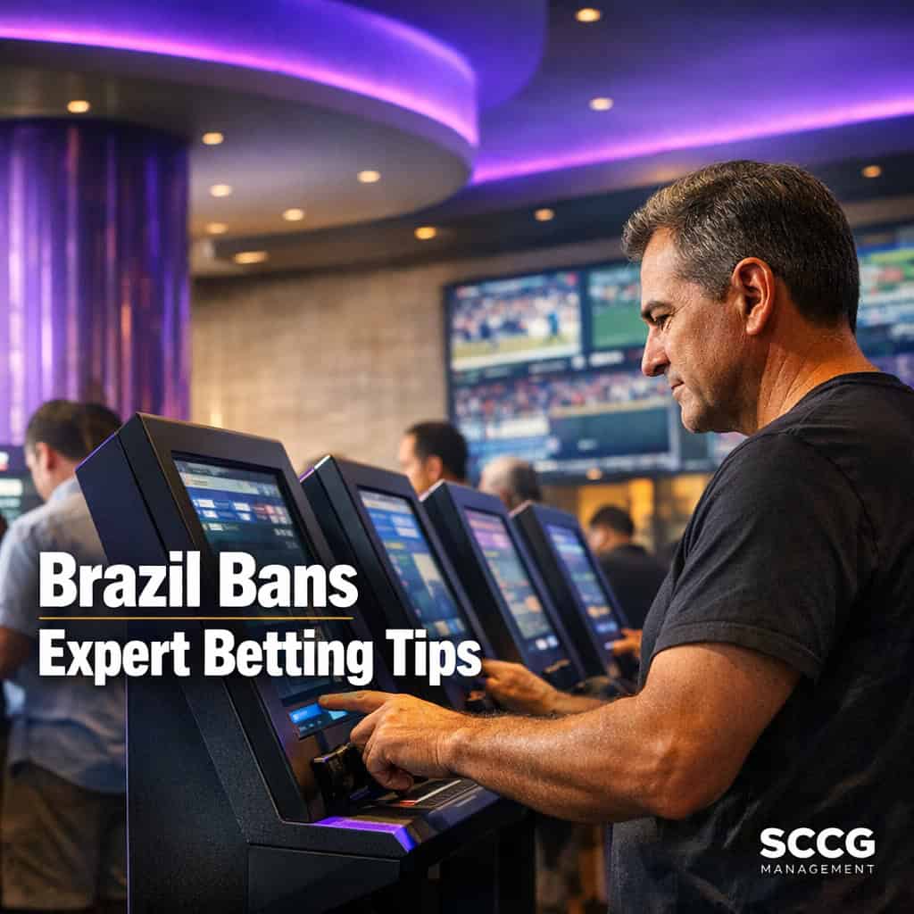 Busy Brazilian sportsbook counter with patrons placing bets at self-service terminals on a bright casino floor.