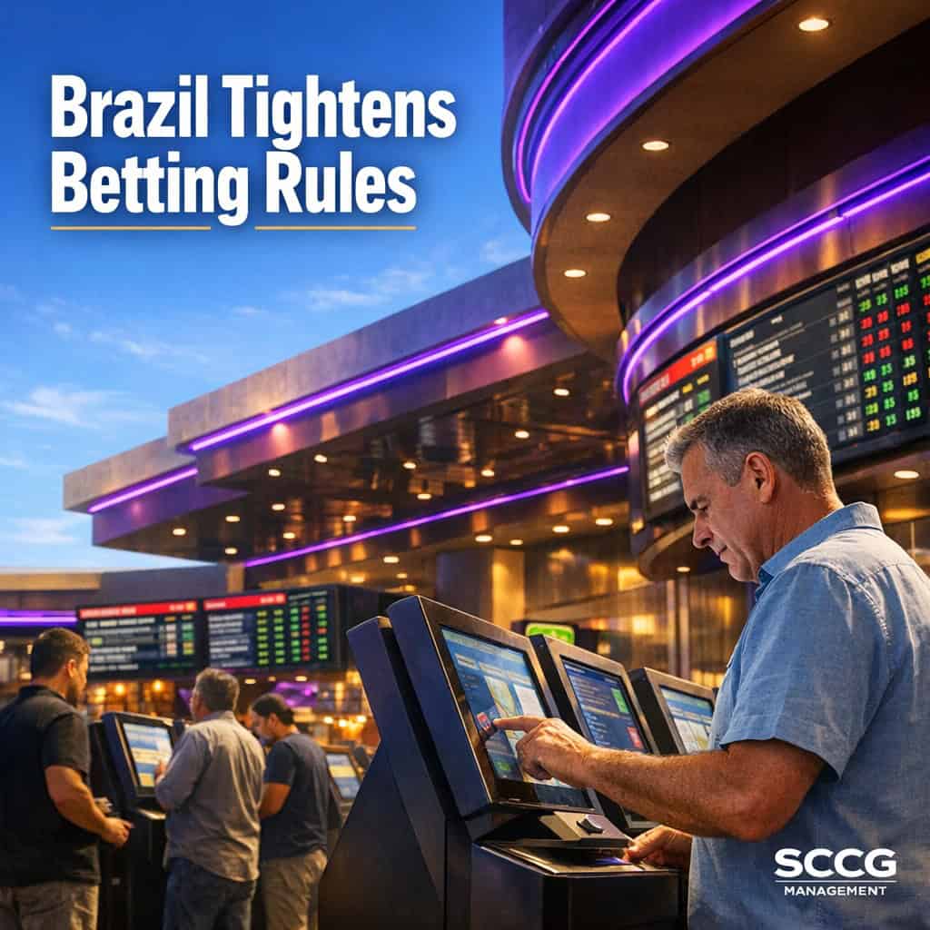 Busy Brazilian sportsbook counter on a vibrant casino floor with patrons placing bets at self-service terminals under glowing odds boards.