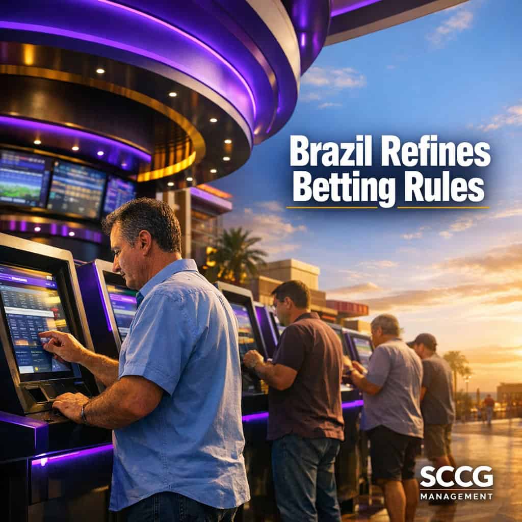 Busy betting kiosk on a vibrant Brazilian casino concourse with patrons placing wagers under bright daylight.